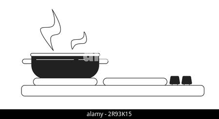 Steel stainless pot on kitchen stove monochrome flat vector object Stock Vector