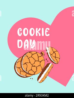 Cookie Day, blue background and pink heart shape, hand drawn doodle cookie. Vector illustration Stock Vector