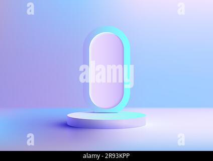 3D realistic empty purple podium platform stand with geometric capsule shape backdrop on pastels colors background. Use for beauty cosmetic presentati Stock Vector