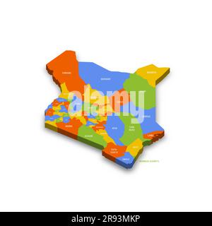 Kenya political map of administrative divisions - counties. Colorful 3D vector map with country province names and dropped shadow. Stock Vector