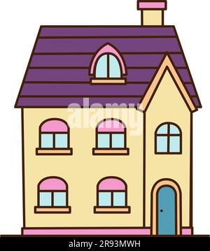 yellow house isolated on white background. Bright, stylish, beautiful architecture. Two floors, 5 windows, purple roof. Design element for different Stock Vector