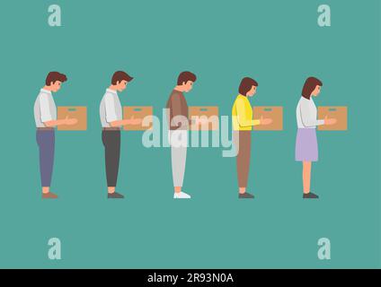 Fired office workers holds boxes. Financial crisis and unemployment .Staff reduction concept. vector illustration. Stock Vector