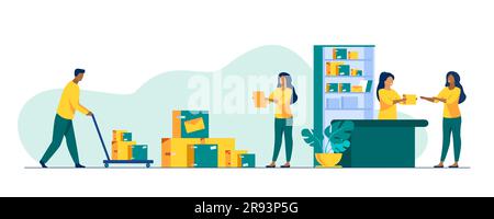 Postman giving parcel to customer in post office Stock Vector