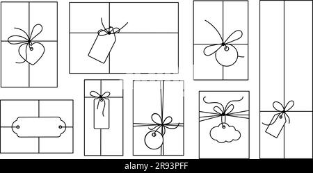 Gift box with bow and label tag on ribbon string vector silhouette icon set. Stock Vector