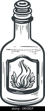Old glass bottle with cork hand engraved. Black bottle with potion, decoction, tincture. Vintage jar with herbs, isolated vector illustration Stock Vector