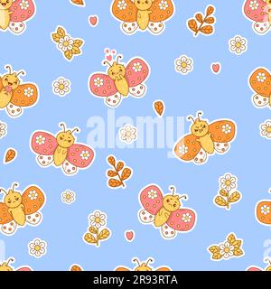 Seamless pattern with cute cartoon butterflies with emotions on blue background with flowers. Vector Illustration in style of stickers for kids collec Stock Vector