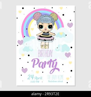 Birthday Invitation with cute Lol Dolls. Pink vector template of invitation card for little girl. Printable colorful invite. Place your text, picture, Stock Vector