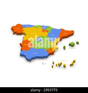Spain political map of administrative divisions - autonomous communities and autonomous cities of Ceuta and Melilla. Colorful 3D vector map with country province names and dropped shadow. Stock Vector