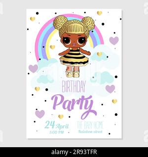 Birthday Invitation with cute Lol Dolls. Pink vector template of invitation card for little girl. Printable colorful invite. Place your text, picture, Stock Vector