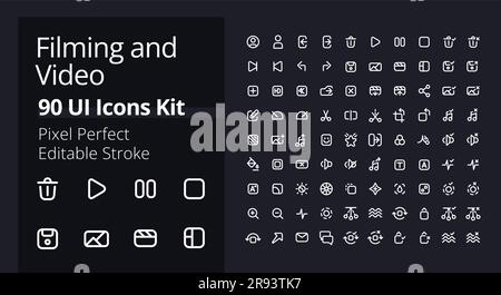 Video production pixel perfect white linear ui icons kit for dark theme Stock Vector