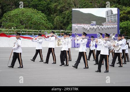 The marching band of Hong Kong Police Force march during the parade. A police passing out parade is held at the Hong Kong Police College. More than one hundred police officers have graduated from the Police College this month. The parade symbolize they have finished their studying at the police college and become a formal police officer from now on. The Deputy Commissioner of Police (Operations), Mr Yuen Yuk-kin,  was the reviewing officer at the passing-out parade of probationary inspectors and recruit police constables. (Photo by Michael Ho Wai Lee / SOPA Images/Sipa USA) Stock Photo