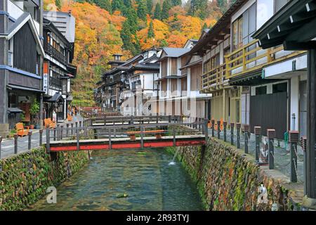 Ginzan Onsen hot spring of autumn leaf colors Stock Photo