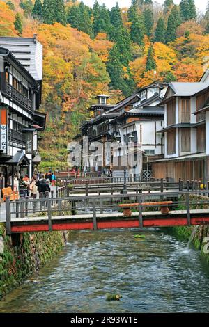 Ginzan Onsen hot spring of autumn leaf colors Stock Photo