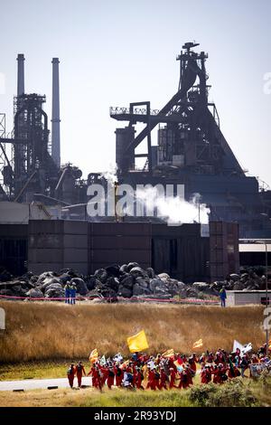 IJMUIDEN - Climate activists demonstrate at steel factory Tata Steel  IJmuiden. Action groups and local residents want the government to  intervene against the company's emissions and the health damage this  causes. ANP