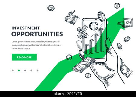 Investment, market trade and finance concept. Money financial online management. Hand drawn vector sketch illustration of mobile phone trading bank ap Stock Vector