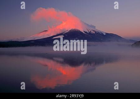 Mt. Fuji and Lake Yamanaka at sunrise Stock Photo