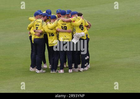 Chester le Street, 23 June 2023. The Durham Cricket players in a huddle before a Vitality Blast match at Seat Unique Riverside, Chester le Street. Credit: Colin Edwards Stock Photo