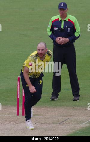 Chester le Street, 23 June 2023.  Ben Raine bowling for Durham Cricket against Yorkshire Vikings in a Vitality Blast match at Seat Unique Riverside, Chester le Street. Credit: Colin Edwards Stock Photo