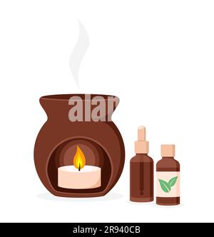 Brown ceramic aroma lamp with a burning candle inside and bottles of essential oil on a white background. Flat vector illustration Stock Vector