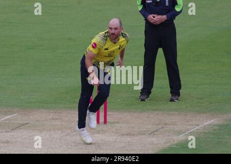 Chester le Street, 23 June 2023.  Ben Raine bowling for Durham Cricket against Yorkshire Vikings in a Vitality Blast match at Seat Unique Riverside, Chester le Street. Credit: Colin Edwards Stock Photo