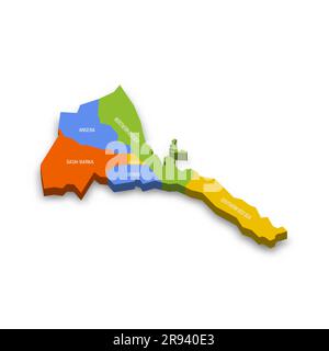 Eritrea political map of administrative divisions - regions. Colorful 3D vector map with country province names and dropped shadow. Stock Vector