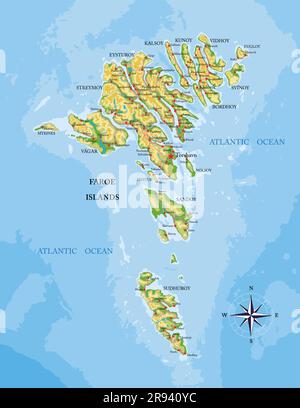 Highly detailed physical map of Faroe islands in vector format,with all the relief forms,regions and big cities. Stock Vector