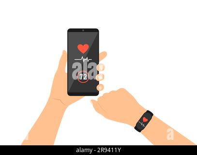 Monitoring heart rate with a fitness bracelet and a phone app. Hands with phone and fitness tracker on a white background Stock Vector