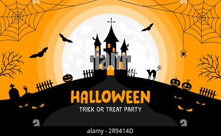 Halloween orange and black banner or background. Halloween party invitation with full moon, castle, graveyard, cat, pumpkins, bats, spider, cobweb, tr Stock Vector