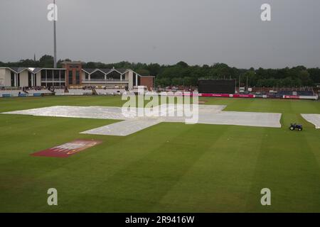 Chester le Street, 23 June 2023. The square is covered at the Seat Unique Riverside, Chester le Street prior to the Vitality Blast match between Durham Cricket and Yorkshire Vikings being abandoned. Credit: Colin Edwards Stock Photo