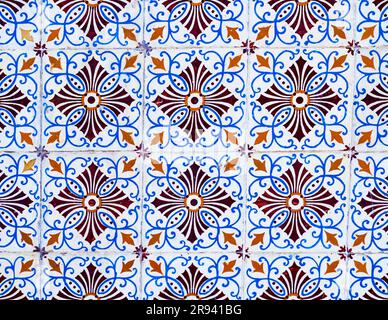 Amazing tiles with geometric and floral shapes adorning the facades of the houses in Aveiro, Portugal Stock Photo