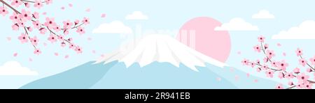 Landscape with pink cherry blossom, a mountain with a snowy peak and the sun. Banner with sakura branches and Mount Fuji. Vector illustration Stock Vector