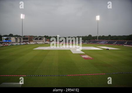 Chester le Street, 23 June 2023. The square is covered at the Seat Unique Riverside, Chester le Street prior to the Vitality Blast match between Durham Cricket and Yorkshire Vikings being abandoned. Credit: Colin Edwards Stock Photo