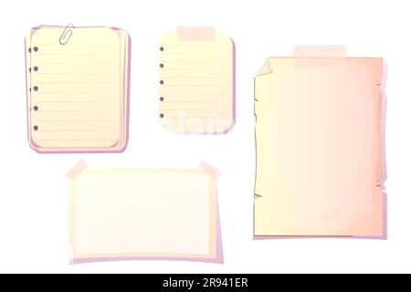 Set Empty papers for notes, journal with tape in cartoon style isolated on white background. Torn paper, scrapbook pieces. Vector illustration Stock Vector