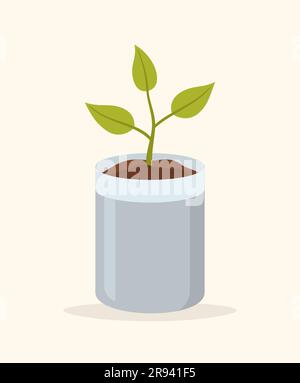 A seedling in a bag with soil on a beige background. Flat vector illustration Stock Vector