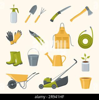A set of garden tools. Gardening equipment and clothing. Vector illustration in flat style Stock Vector