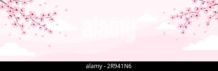 Pink cherry blossom frame on a pastel pink background with copy space. Banner with sakura branches and clouds. Vector illustration in flat style Stock Vector