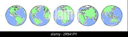 Earth icons set. Earth globe with the contours of the continents from different sides Stock Vector