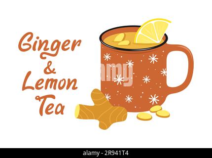 A cup of ginger lemon tea with ginger root and a slice of lemon on a white background. Hot winter drink. Flat vector illustration Stock Vector