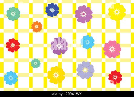 pretty colored flowers on top of yellow lines forming squares Stock Vector