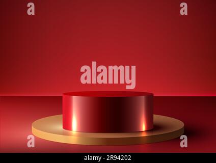 3D realistic empty red and gold podium stand on red background modern luxury style. Use for beauty cosmetic presentation, showcase mockup, showroom, p Stock Vector