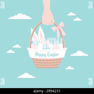 Hand holding Easter basket with Easter eggs, bunny ears inside and a bow on the handle. Vector illustration in flat style Stock Vector