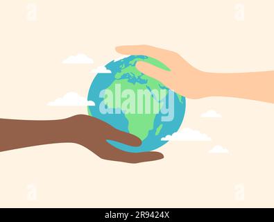 Two hands of people of different ethnicities holding planet Earth on a beige background. Flat vector illustration Stock Vector