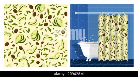 Bathroom interior with bathtub and curtain decorated Avocado fruit pattern with leaves and seeds. Avocado wedges and slices. Vector illustration, orna Stock Vector