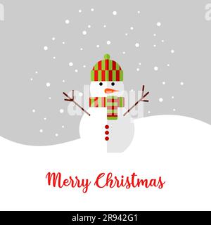 Christmas greeting card. Snowman in a red and green hat and scarf on a gray and white background with falling snow Stock Vector