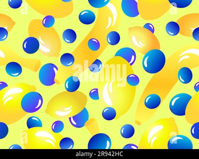 Bananas, lemons and blueberries in 3d style seamless pattern. Summer berry-fruit mix with lemons, bananas and blueberries. Design for wallpapers, bann Stock Vector