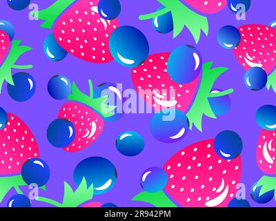 Blueberries and strawberries in 3d style seamless pattern. Summer berry mix with strawberries and blueberries with gradient color. Design for wallpape Stock Vector