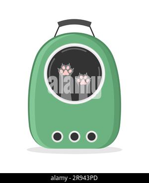 Gray cat's paws in the window of a green carrier bag on a white background. Flat vector illustration Stock Vector