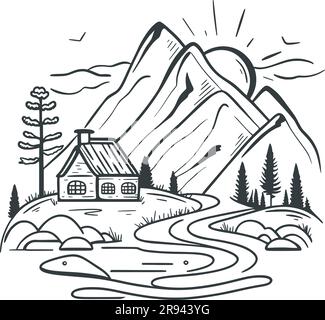Cottage in mountains black sketch on white background. Rural house in mountainous area with river. Hand drawn rural landscape. Countryside hand drawn Stock Vector