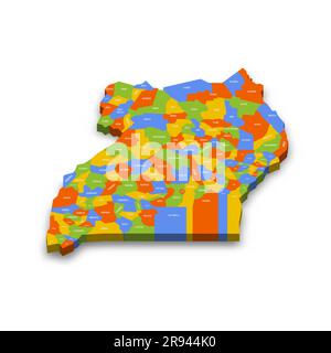 Uganda political map of administrative divisions - districts. Colorful 3D vector map with country province names and dropped shadow. Stock Vector