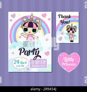 Birthday Invitation with cute Lol Dolls. Pink vector template of invitation card for little girl. Printable colorful invite. Place your text, picture, Stock Vector